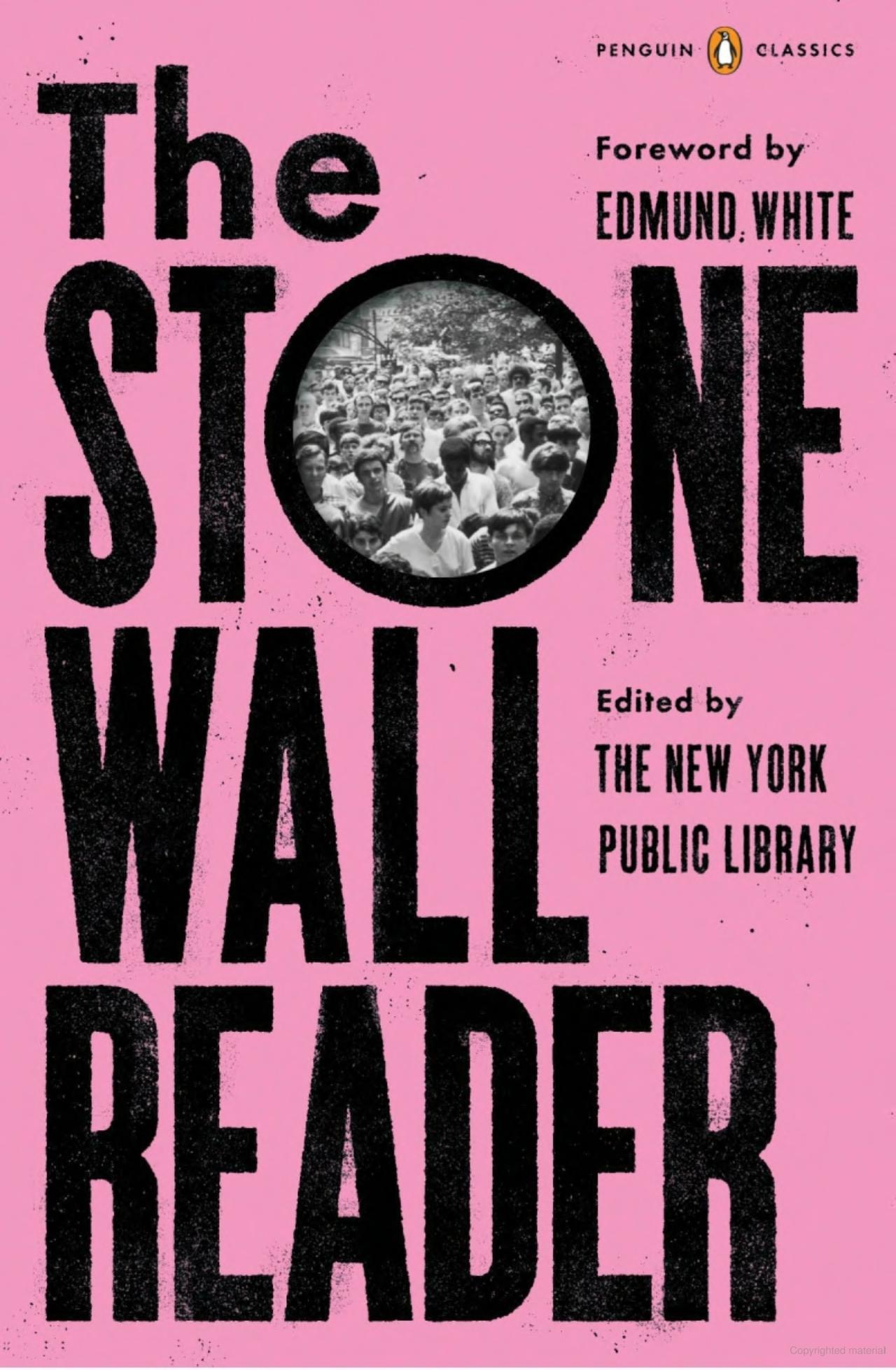 Cover of The Stonewall Reader. It is pink with black text. The O in Stonewall features a black and white photo of a crowd of people. 