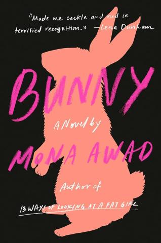 Bunny book cover. A black background with a pink silhouette of a bunny sitting upright. Hot pink text with the title and author's name overlays the image.