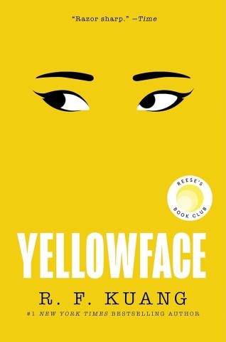 Image of the book cover of Yellowface. Two eyes look to the left set on an all-yellow background.