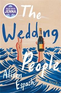 Cover of The Wedding People by Allison Espach. Shows ocean waters with two hands sticking out of it one hand making the peace sign and the other holding a bottle of champagne. 