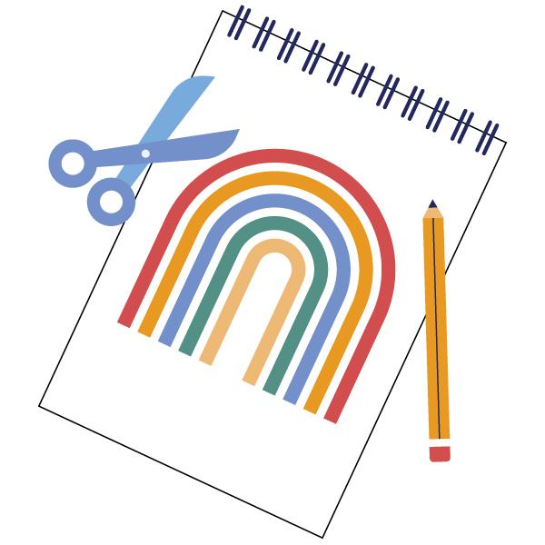 Scissors, paper, and pencil with rainbow